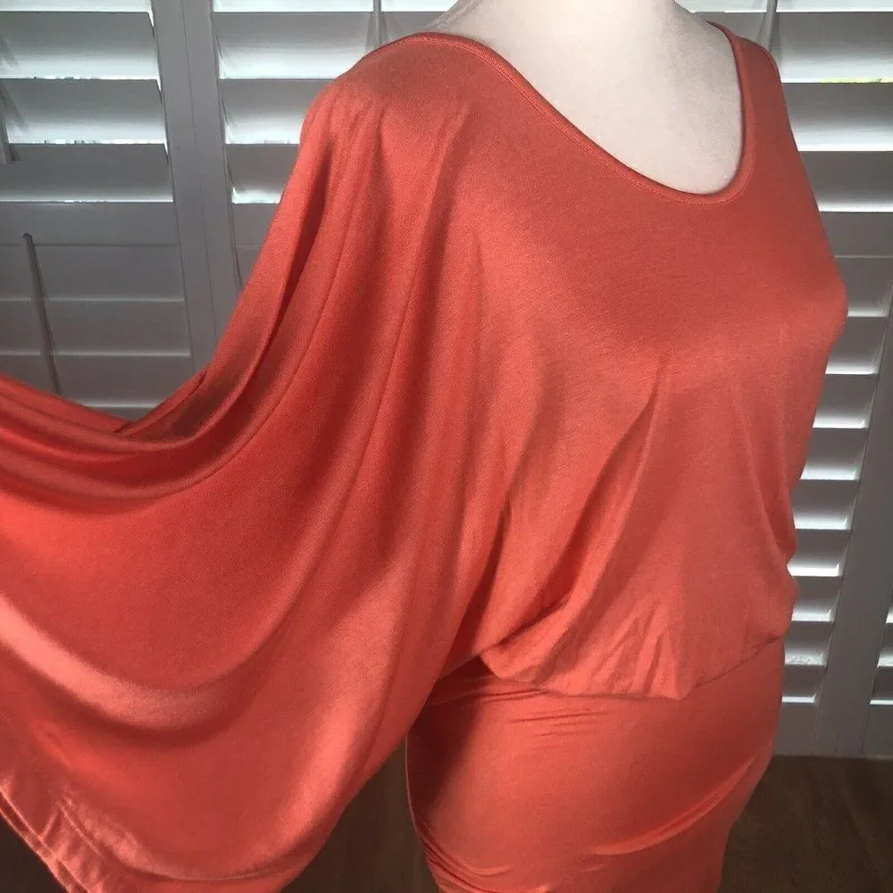 NEW Arden B Bright Coral One Shoulder Kimono Mini Dress M Ruched Bodycon Skirt